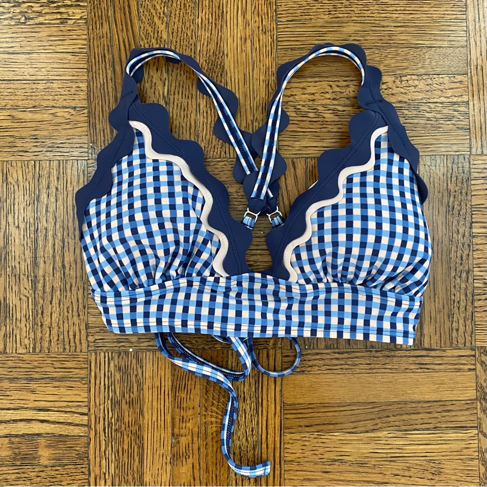 Xhiliration Navy Blue & Baby Pink Gingham Ruffle Triangle Bikini Top